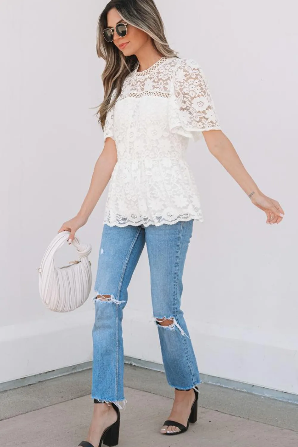 Discount Dear-Lover Short Sleeve Scalloped Floral Lace Peplum Blouse White