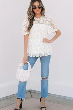 Discount Dear-Lover Short Sleeve Scalloped Floral Lace Peplum Blouse White