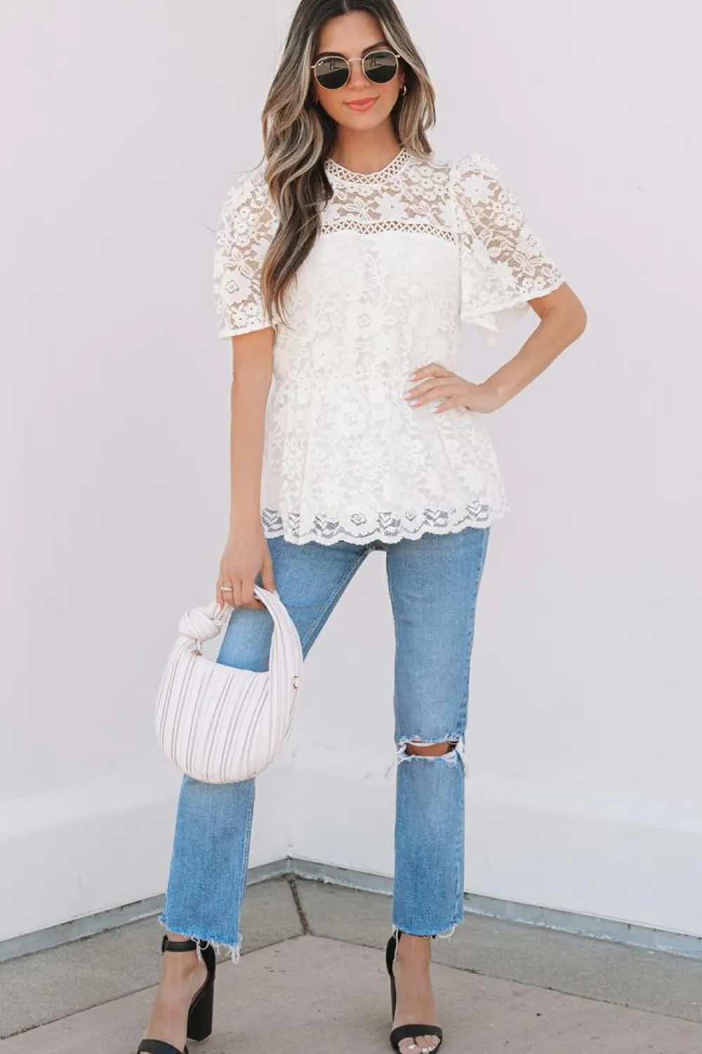 Discount Dear-Lover Short Sleeve Scalloped Floral Lace Peplum Blouse White