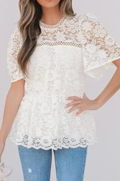 Discount Dear-Lover Short Sleeve Scalloped Floral Lace Peplum Blouse White