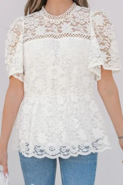 Discount Dear-Lover Short Sleeve Scalloped Floral Lace Peplum Blouse White