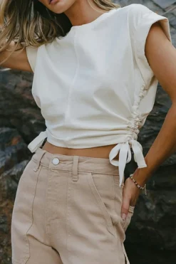 New Dear-Lover Side Drawstring Short Sleeve Crew Neck Top White
