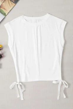 New Dear-Lover Side Drawstring Short Sleeve Crew Neck Top White