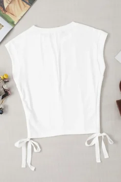New Dear-Lover Side Drawstring Short Sleeve Crew Neck Top White