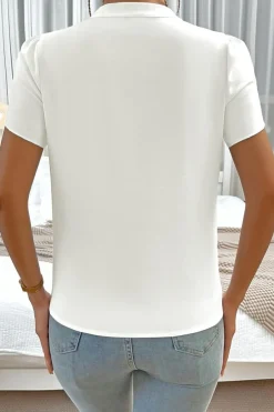 Online Dear-Lover Silky Notched Neckline Petal Sleeve Blouse White