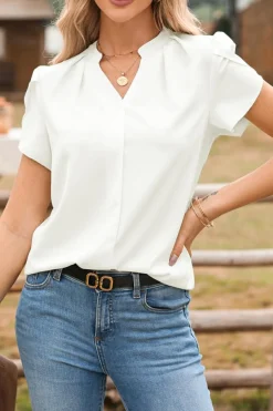 Online Dear-Lover Silky Notched Neckline Petal Sleeve Blouse White