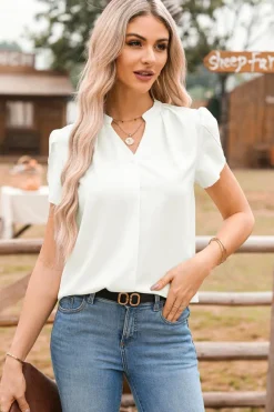 Online Dear-Lover Silky Notched Neckline Petal Sleeve Blouse White