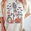 Discount Dear-Lover Skull Pumpkin Face STAY SPOOKY Graphic Halloween T Shirt White