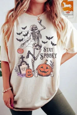 Discount Dear-Lover Skull Pumpkin Face STAY SPOOKY Graphic Halloween T Shirt White