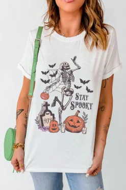 Discount Dear-Lover Skull Pumpkin Face STAY SPOOKY Graphic Halloween T Shirt White