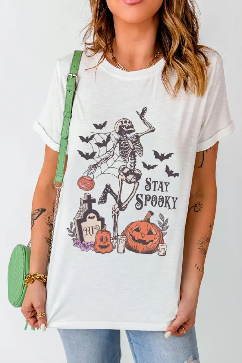 Discount Dear-Lover Skull Pumpkin Face STAY SPOOKY Graphic Halloween T Shirt White