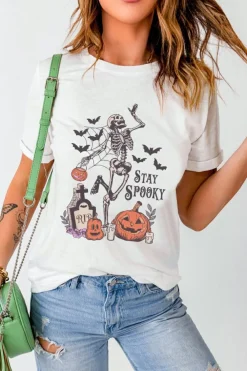 Discount Dear-Lover Skull Pumpkin Face STAY SPOOKY Graphic Halloween T Shirt White