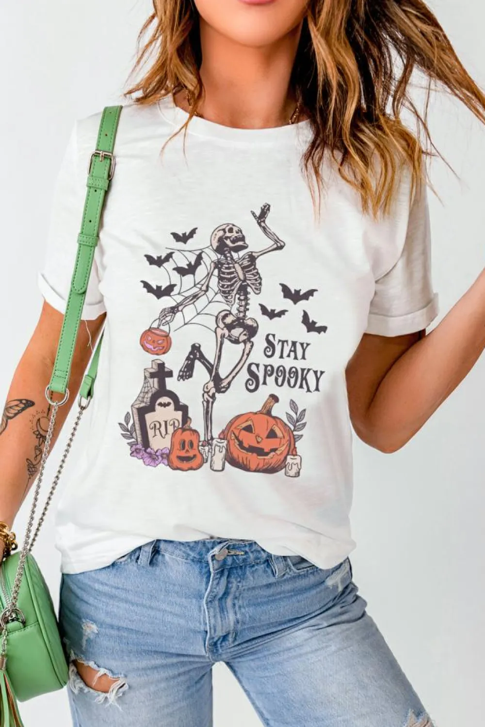 Discount Dear-Lover Skull Pumpkin Face STAY SPOOKY Graphic Halloween T Shirt White