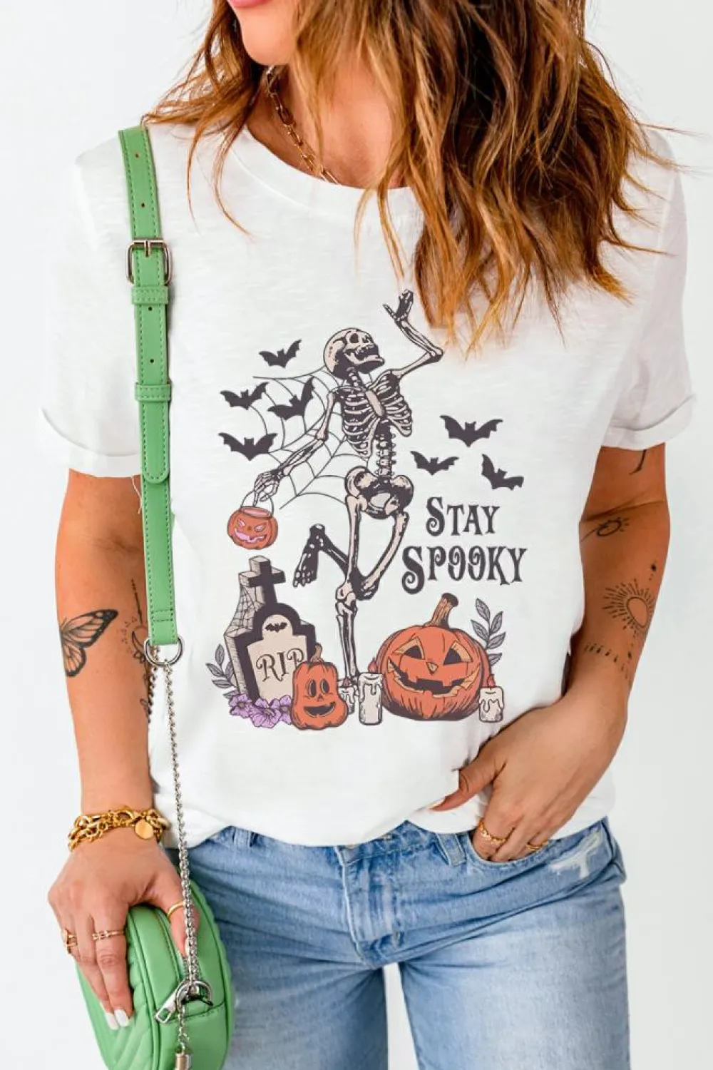 Discount Dear-Lover Skull Pumpkin Face STAY SPOOKY Graphic Halloween T Shirt White