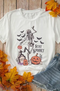 Discount Dear-Lover Skull Pumpkin Face STAY SPOOKY Graphic Halloween T Shirt White