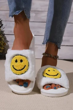 Clearance Dear-Lover Smile Emoji Graphic Plush Home Slippers White