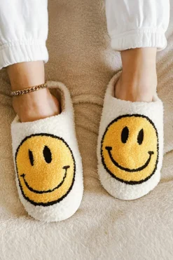Outlet Dear-Lover Smile Face Print Non-slip Plush Slippers White