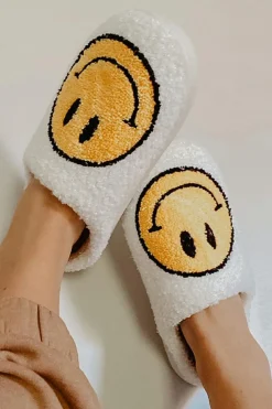 Outlet Dear-Lover Smile Face Print Non-slip Plush Slippers White