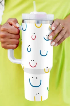 New Dear-Lover Smiling Face Print Handle Vacuum Cup 40oz White