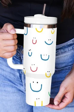 New Dear-Lover Smiling Face Print Handle Vacuum Cup 40oz White