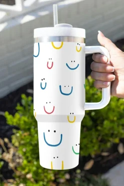 New Dear-Lover Smiling Face Print Handle Vacuum Cup 40oz White
