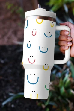 New Dear-Lover Smiling Face Print Handle Vacuum Cup 40oz White
