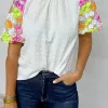 Sale Dear-Lover Smocked Collar Sequin Flower Puff Sleeve Textured Top White