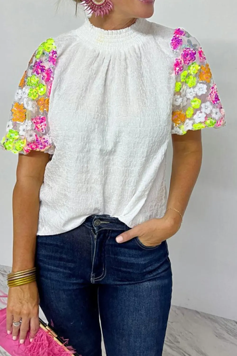 Sale Dear-Lover Smocked Collar Sequin Flower Puff Sleeve Textured Top White