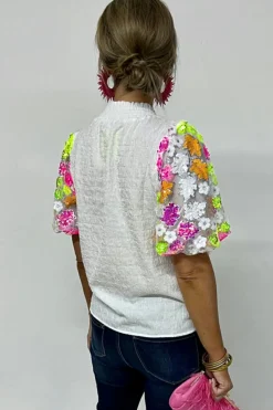 Sale Dear-Lover Smocked Collar Sequin Flower Puff Sleeve Textured Top White