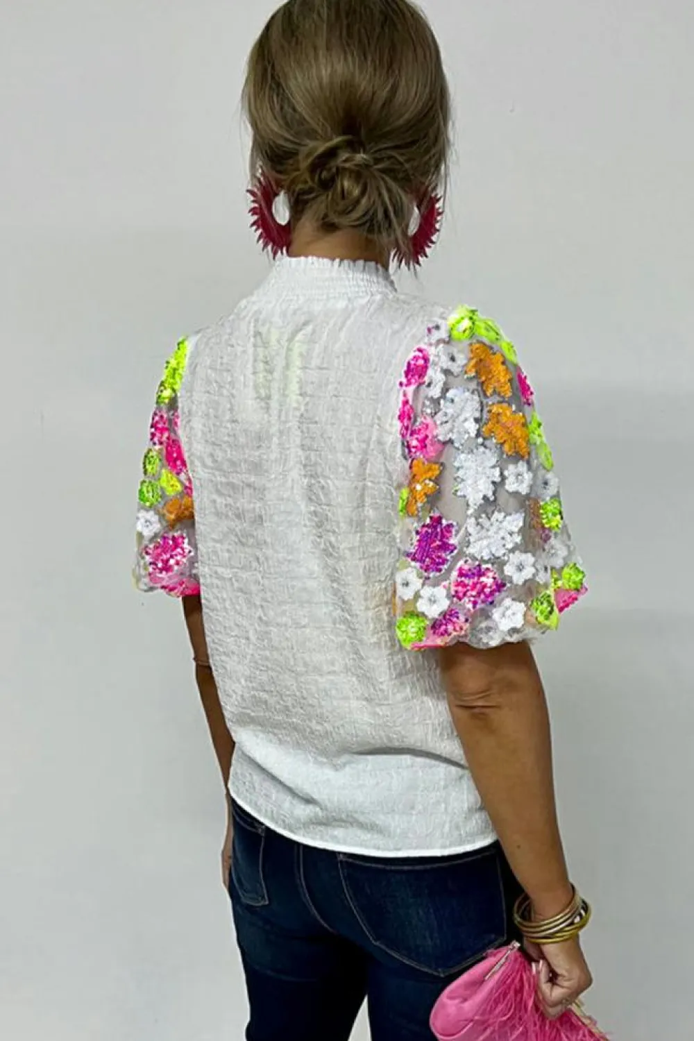 Sale Dear-Lover Smocked Collar Sequin Flower Puff Sleeve Textured Top White