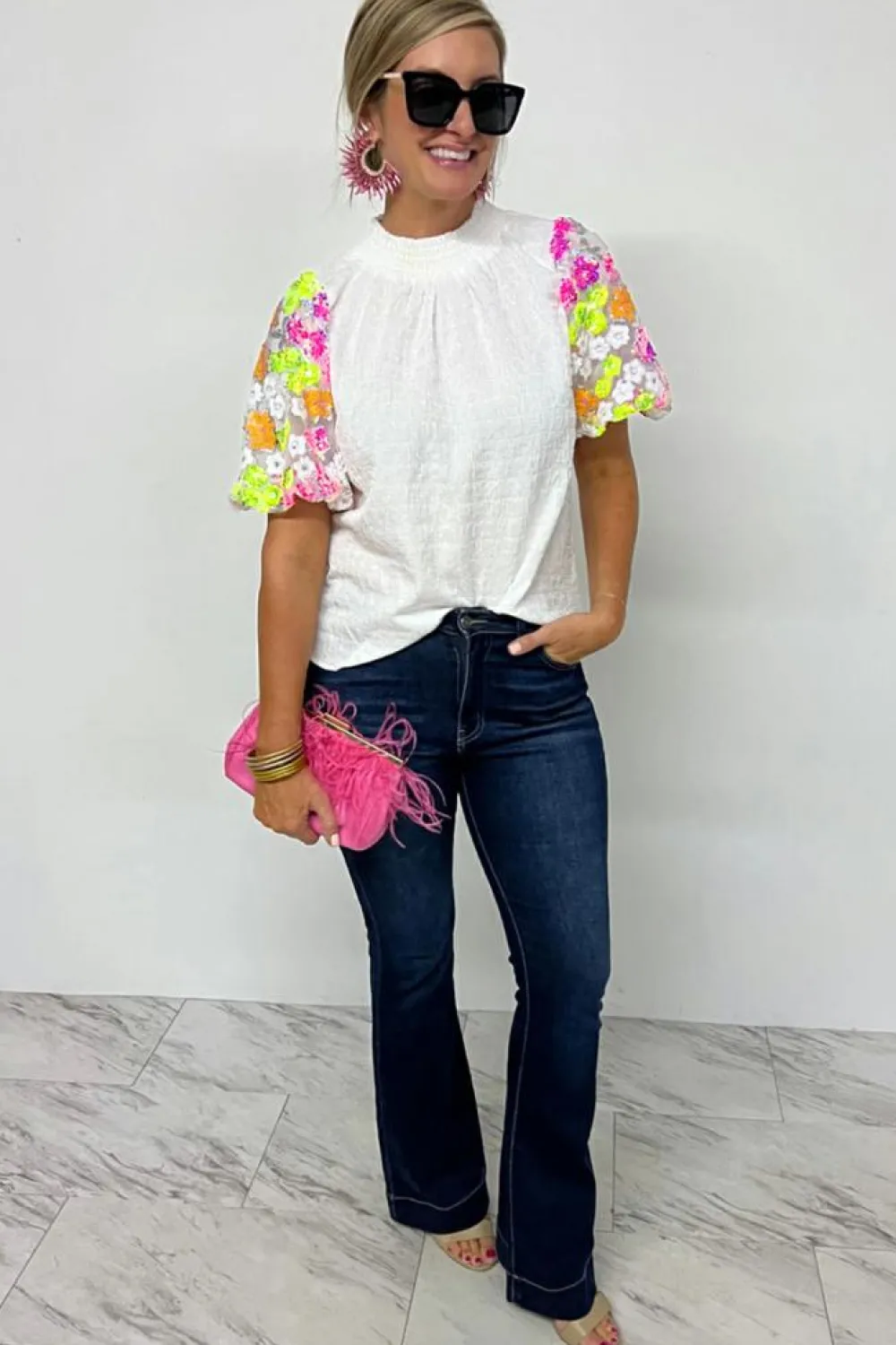 Sale Dear-Lover Smocked Collar Sequin Flower Puff Sleeve Textured Top White