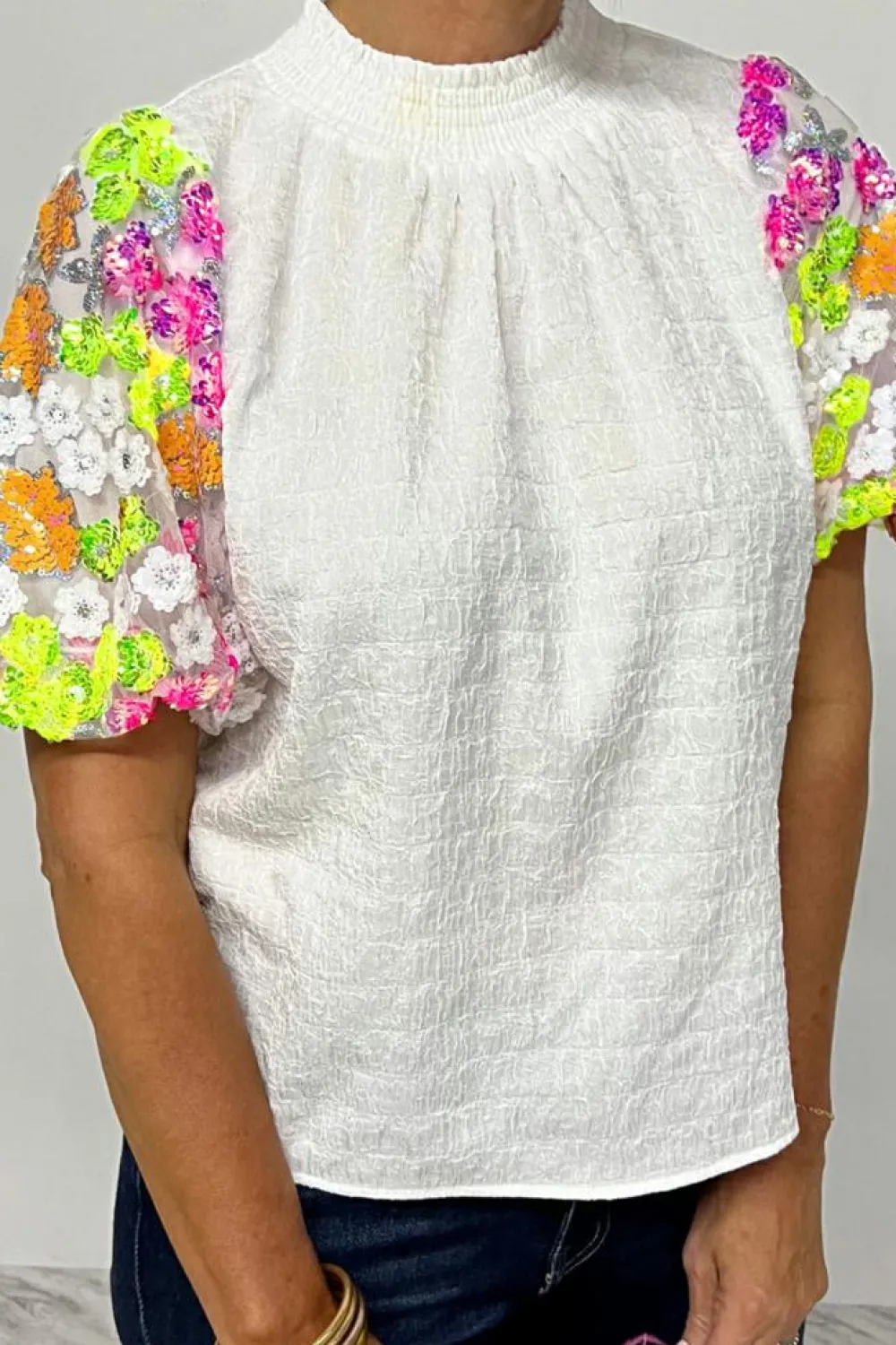 Sale Dear-Lover Smocked Collar Sequin Flower Puff Sleeve Textured Top White