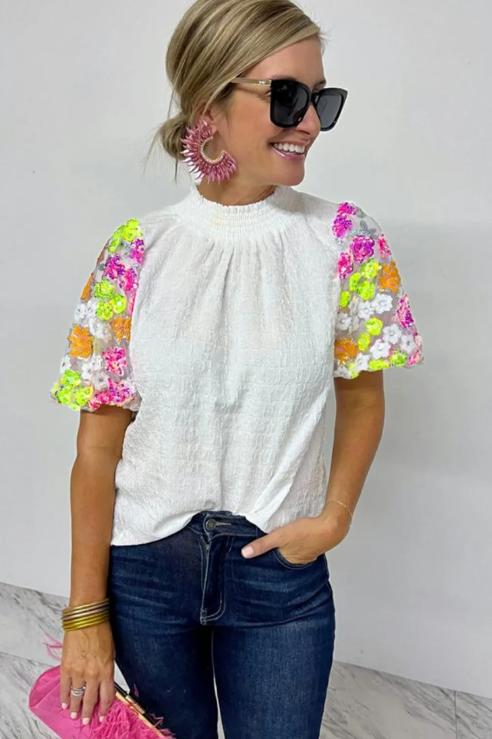 Sale Dear-Lover Smocked Collar Sequin Flower Puff Sleeve Textured Top White