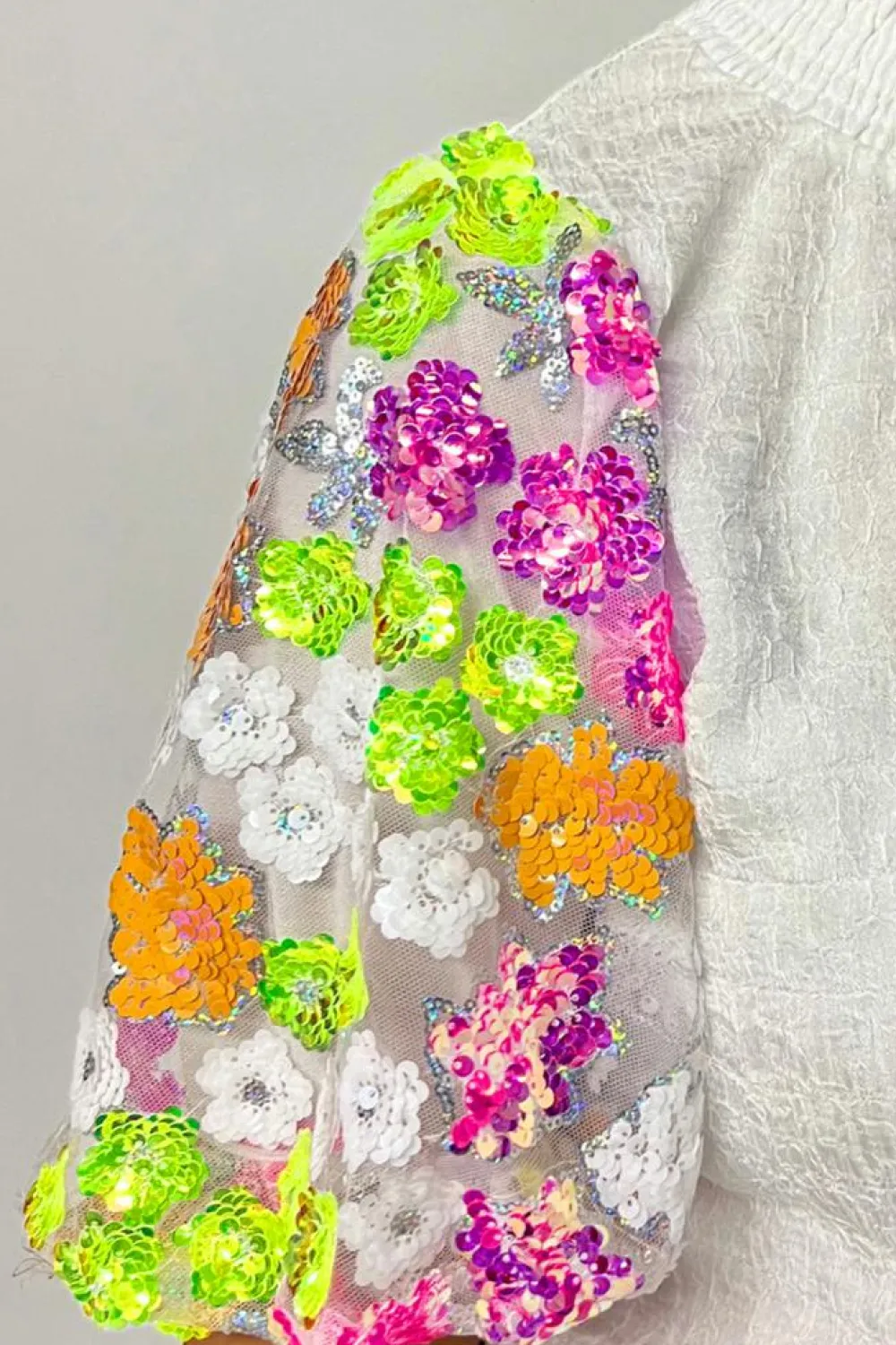 Sale Dear-Lover Smocked Collar Sequin Flower Puff Sleeve Textured Top White