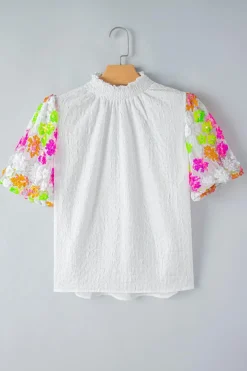 Sale Dear-Lover Smocked Collar Sequin Flower Puff Sleeve Textured Top White