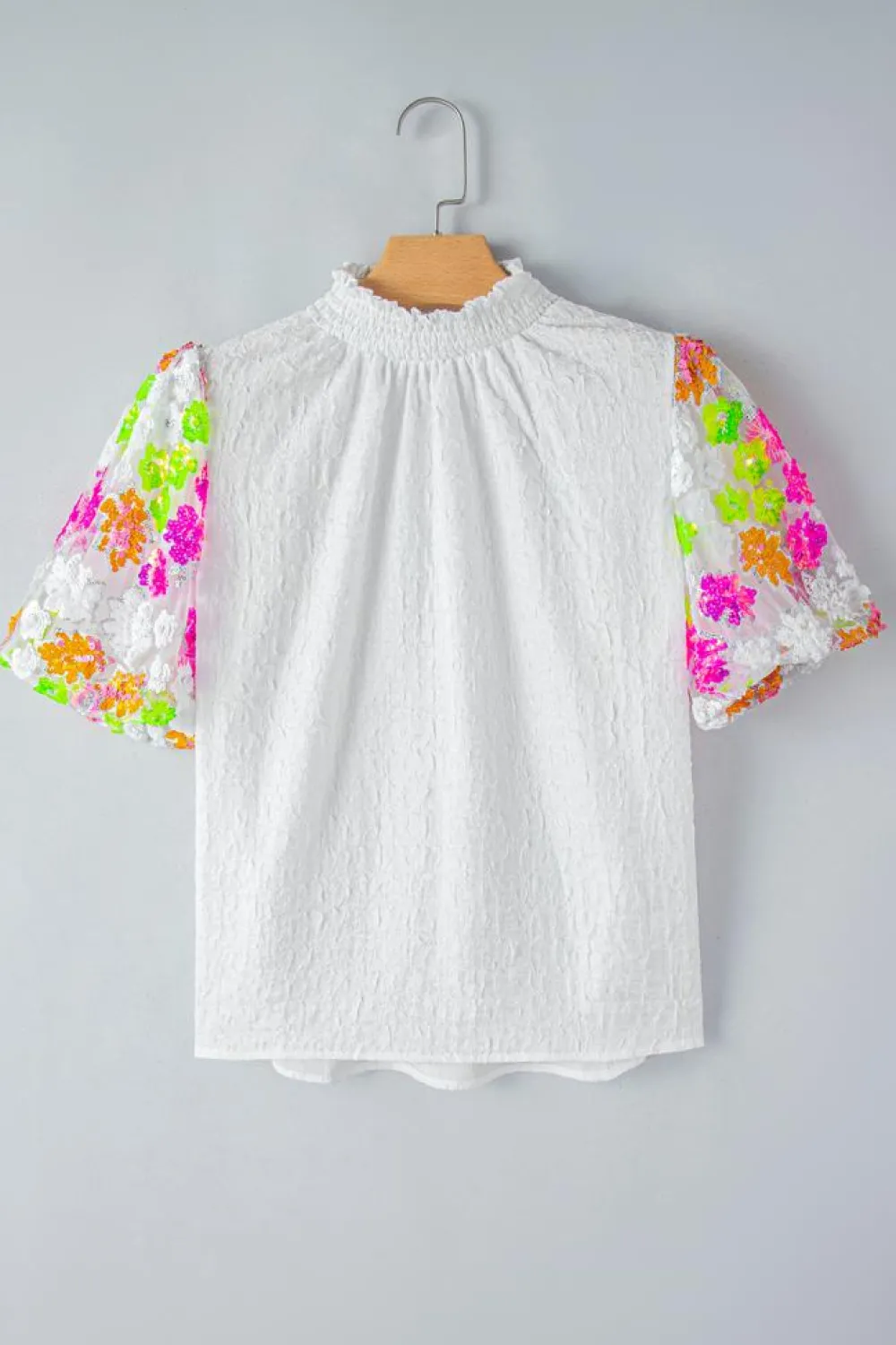 Sale Dear-Lover Smocked Collar Sequin Flower Puff Sleeve Textured Top White