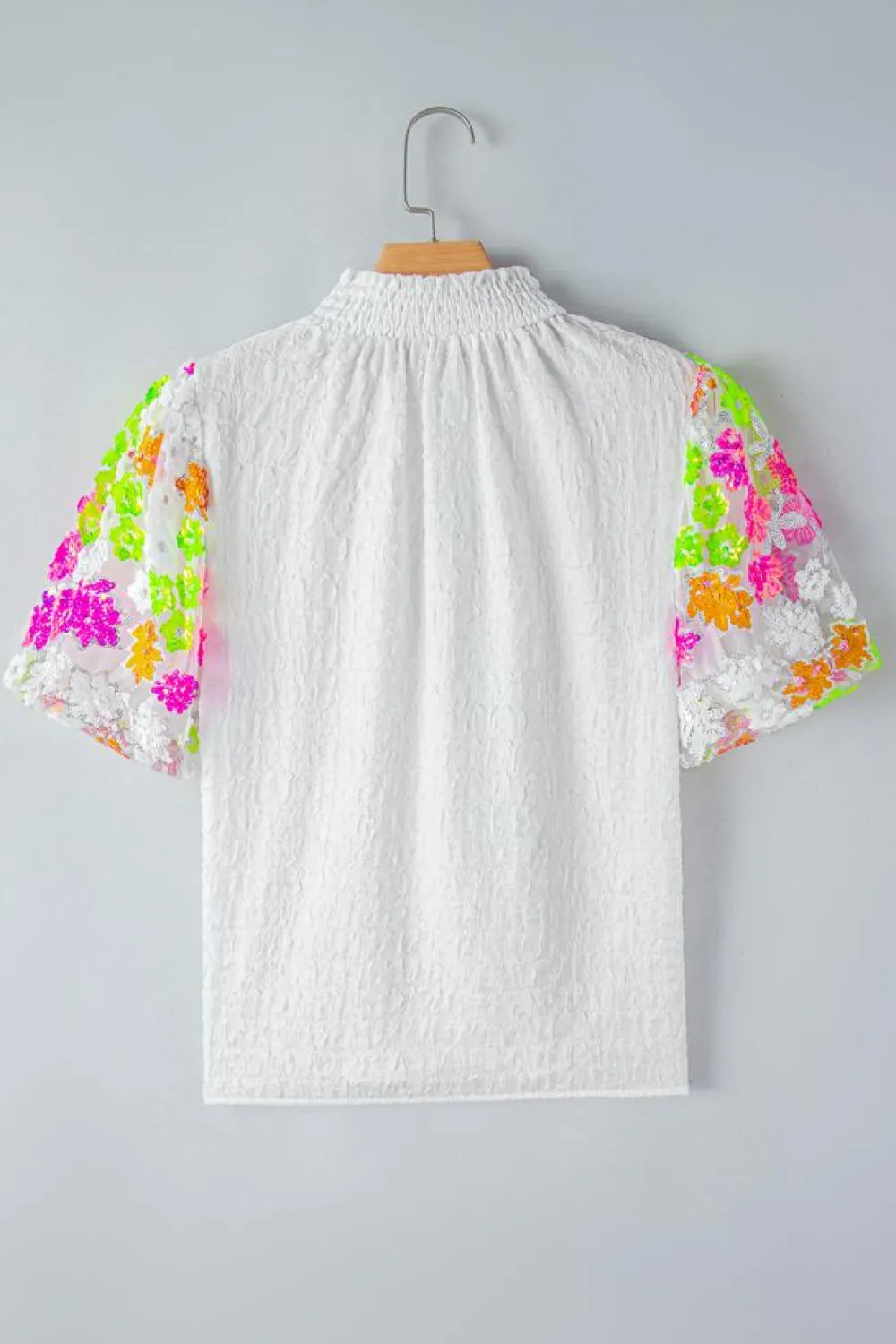 Sale Dear-Lover Smocked Collar Sequin Flower Puff Sleeve Textured Top White