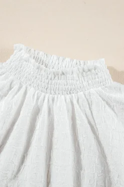 Sale Dear-Lover Smocked Collar Sequin Flower Puff Sleeve Textured Top White