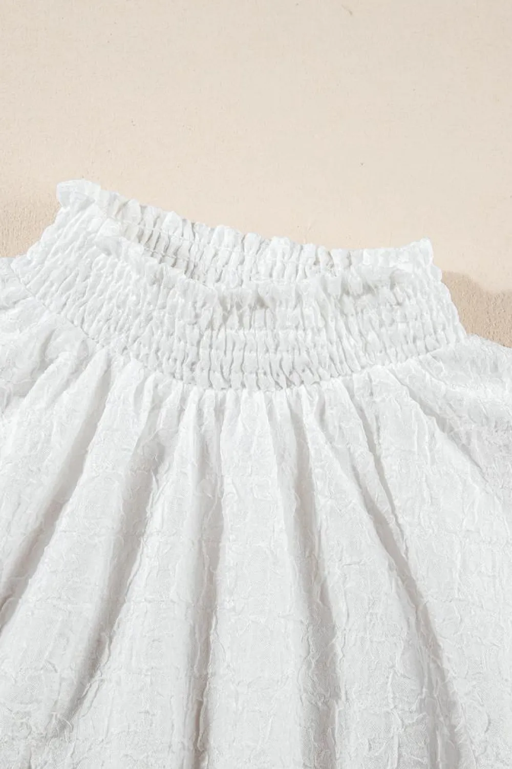 Sale Dear-Lover Smocked Collar Sequin Flower Puff Sleeve Textured Top White