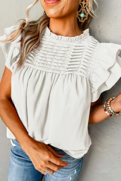 Clearance Dear-Lover Smocked Ruffle Sleeve Blouse White