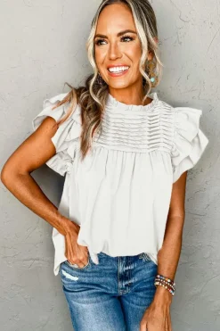 Clearance Dear-Lover Smocked Ruffle Sleeve Blouse White