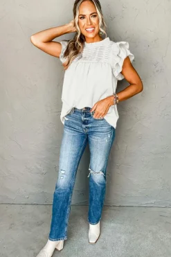 Clearance Dear-Lover Smocked Ruffle Sleeve Blouse White