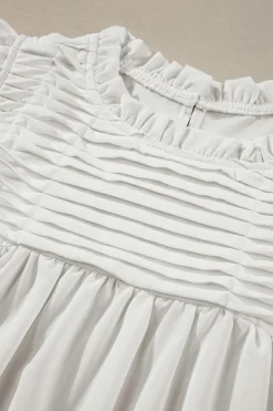 Clearance Dear-Lover Smocked Ruffle Sleeve Blouse White