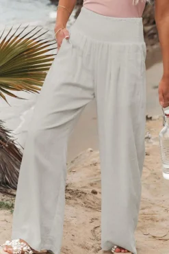 Sale Dear-Lover Smocked Wide Waistband High Waist Wide Leg Pants White