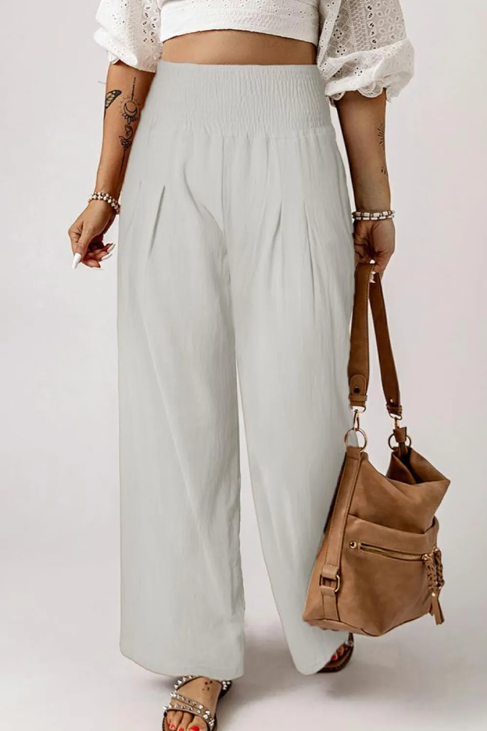 Sale Dear-Lover Smocked Wide Waistband High Waist Wide Leg Pants White