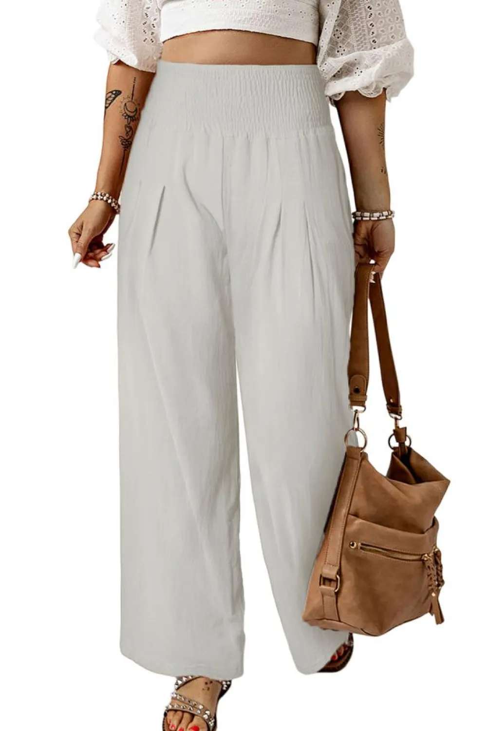 Sale Dear-Lover Smocked Wide Waistband High Waist Wide Leg Pants White
