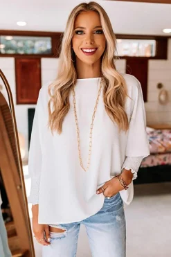Hot Dear-Lover Smocked Wrist Shift Top White