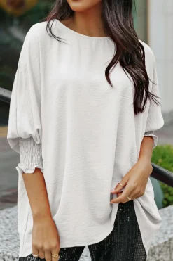 Hot Dear-Lover Smocked Wrist Shift Top White