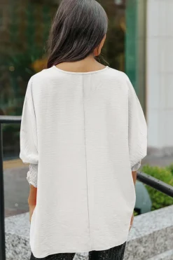 Hot Dear-Lover Smocked Wrist Shift Top White