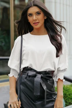 Hot Dear-Lover Smocked Wrist Shift Top White